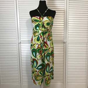 Tiki Palm Retro 70s Psychedelic Tropical Floral Halter Empire Waist Dress XL